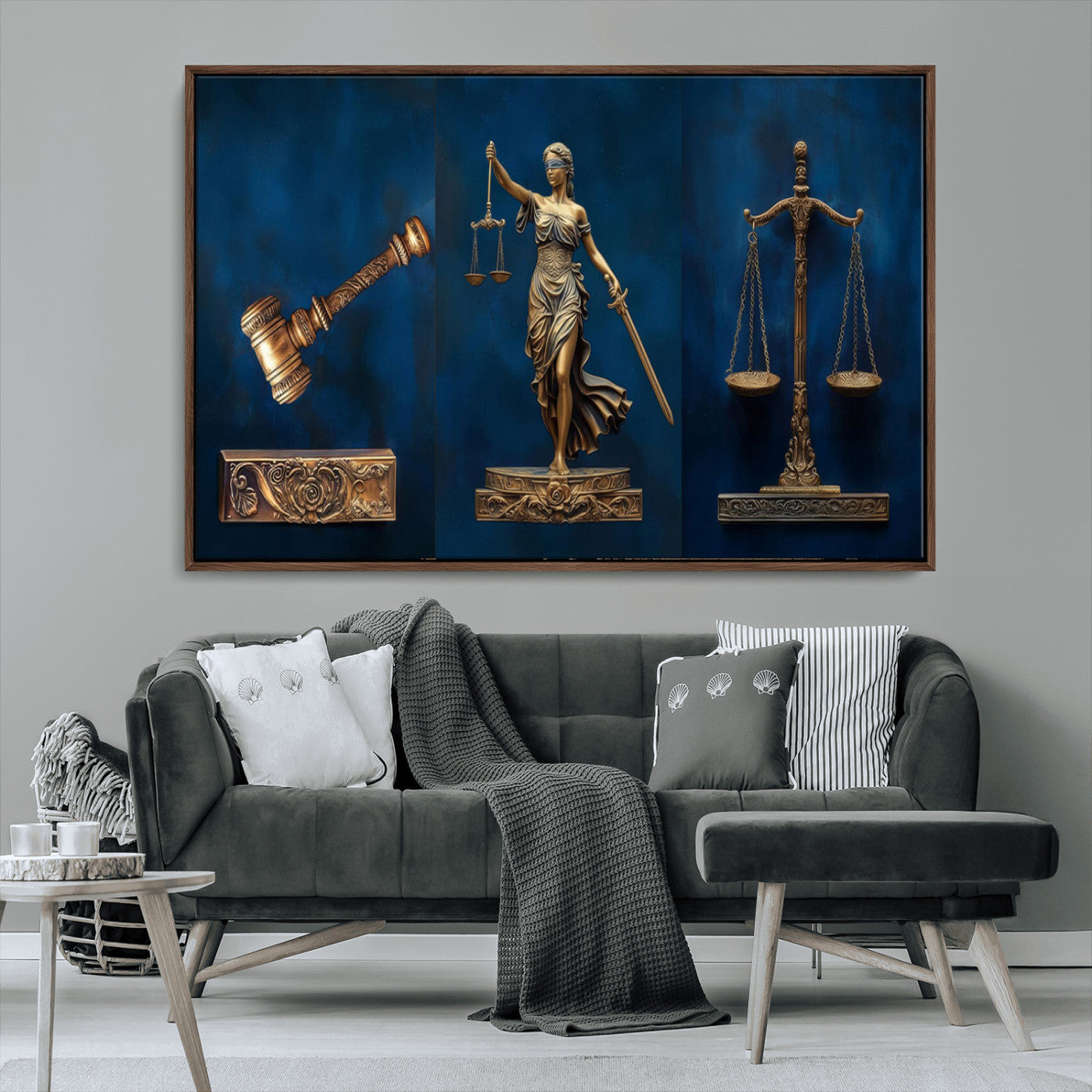 91629053-MGV-CV-36X24-Lady Justice Wall Art – Golden Gavel and Scales Canvas Print, Elegant Legal Office Decor for Lawyers, Judges, Courtroom or Study