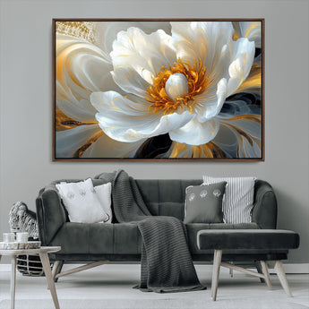 39604126-MGV-FC-36X24_Walnut-Abstract Flower Wall Art – Elegant White and Gold Bloom Canvas Print, Modern Floral Artwork for Bedroom, Living Room, or Office