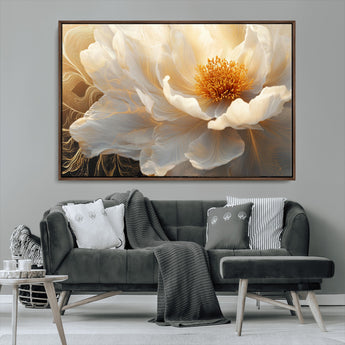 29539087-MGV-CV-36X24-Floral Wall Art – Elegant White and Gold Bloom Canvas Print, Romantic Modern Flower Artwork for Bedroom, Living Room, or Office