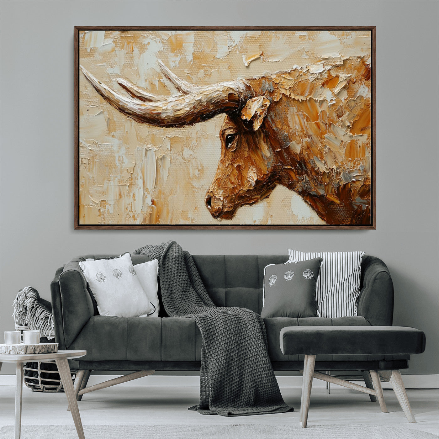 69611428-MGV-FC-36X24_Walnut-Longhorn Bull Wall Art – Rustic Western Canvas Print, Textured Farmhouse Cattle Painting for Living Room, Office, or Ranch House