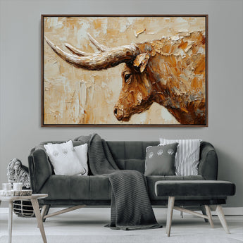 69611428-MGV-FC-36X24_Walnut-Longhorn Bull Wall Art – Rustic Western Canvas Print, Textured Farmhouse Cattle Painting for Living Room, Office, or Ranch House