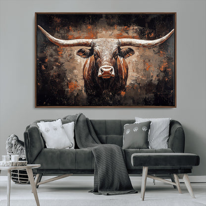 24779067-MGV-CV-36X24-Longhorn Bull Wall Art – Western Rustic Canvas Print, Bold Cowboy Cattle Painting for Ranch House, Farmhouse, Office, or Living