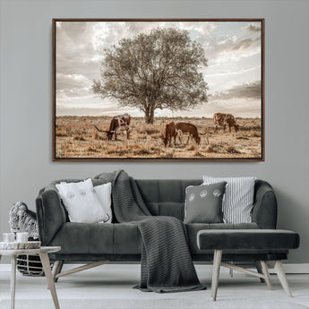 87590224-MGV-CV-36X24-Longhorn Cattle Wall Art – Rustic Western Landscape Canvas Print, Texas Farmhouse Prairie Scene for Living Room, Office, or Ranch