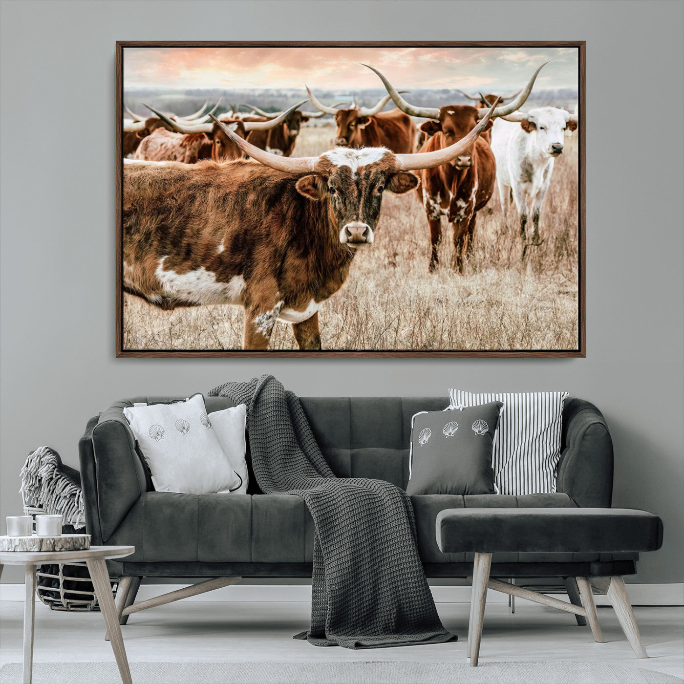 47758300-MGV-FC-36X24_Walnut-Texas Longhorn Cattle Wall Art – Rustic Western Herd Canvas Print, Cowboy Ranch Farmhouse Decor for Living Room, Office, or
