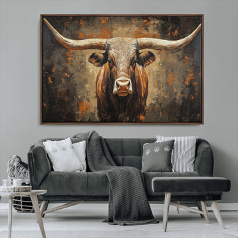 19204445-MGV-FC-36X24_Walnut-Texas Longhorn Bull Wall Art – Rustic Western Canvas Print, Bold Cowboy Cattle Painting for Ranch House, Farmhouse, Office, or