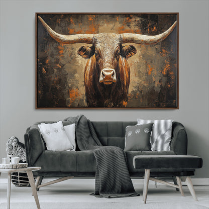 19204445-MGV-FC-36X24_Walnut-Texas Longhorn Bull Wall Art – Rustic Western Canvas Print, Bold Cowboy Cattle Painting for Ranch House, Farmhouse, Office, or
