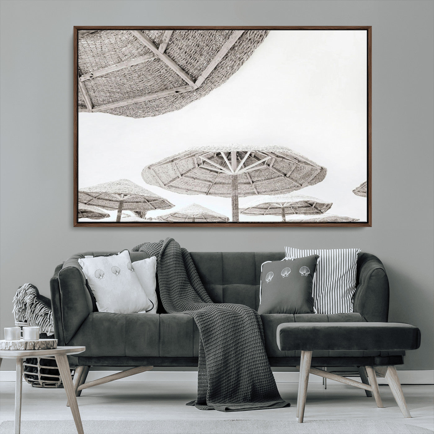 97043123-MGV-CV-36X24-Beach Umbrella Wall Art – Minimalist Coastal Canvas Print, Woven Parasol Summer Decor for Bedroom, Living Room, or Modern Beach