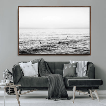 47208268-MGV-FC-36X24_Walnut-Surfer Ocean Wall Art – Black and White Coastal Canvas Print, Minimalist Surfing Seascape Decor for Living Room, Bedroom, or Beach