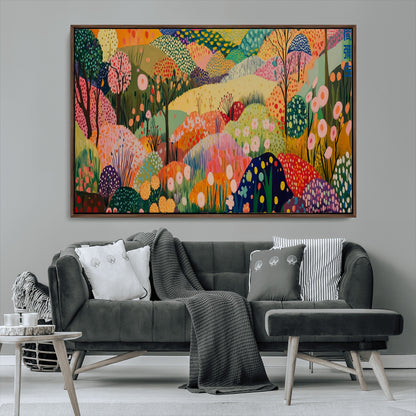 79636380-MGV-CV-36X24-Colorful Abstract Landscape Wall Art – Vibrant Hills and Flowers Canvas Print, Modern Whimsical Artwork for Living Room, Bedroom,