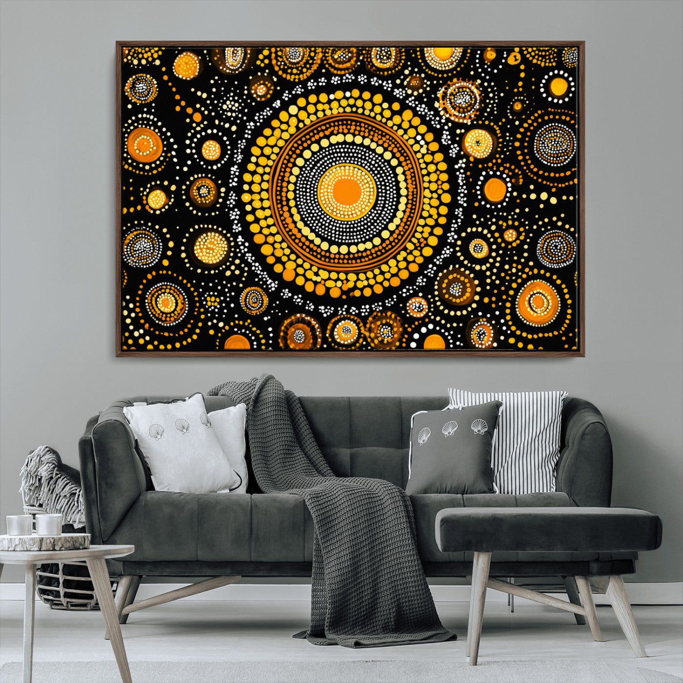 45478523-MGV-CV-36X24-Abstract Circle Wall Art – Bold Black and Gold Dot Painting Canvas Print, Modern Geometric Mandala Style Decor for Living Room or