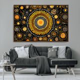 45478523-MGV-CV-36X24-Abstract Circle Wall Art – Bold Black and Gold Dot Painting Canvas Print, Modern Geometric Mandala Style Decor for Living Room or