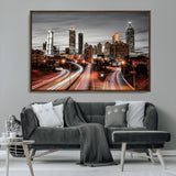 59097239-MGV-FC-36X24_Walnut-City Skyline Wall Art – Modern Black and White Night Canvas Print with Red Light Trails, Urban Landscape Decor for Living Room or