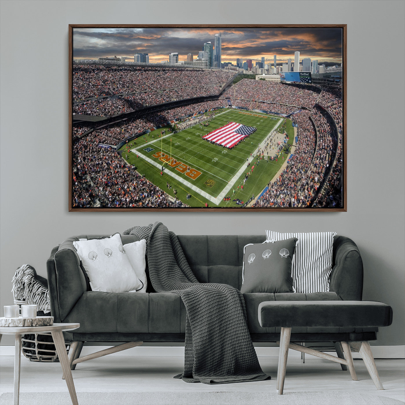 98106777-MGV-CV-36X24-Soldier Field Wall Art – Chicago Bears Stadium Canvas Print with American Flag, Game Day Football Decor for Man Cave, Bar, or