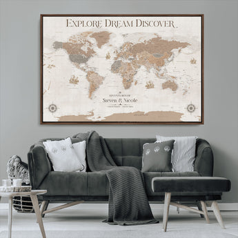 63516865-MGV-CV-36X24-Explore Dream Discover World Map Wall Art – Inspirational Travel Adventure Canvas Print, Neutral Parchment Style Explorer Decor