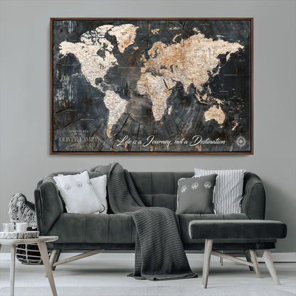 37848568-MGV-CV-36X24-Life is a Journey Not a Destination World Map Rustic Wood Texture Vintage Beige Navy Adventure Wall Art Canvas Print for Home