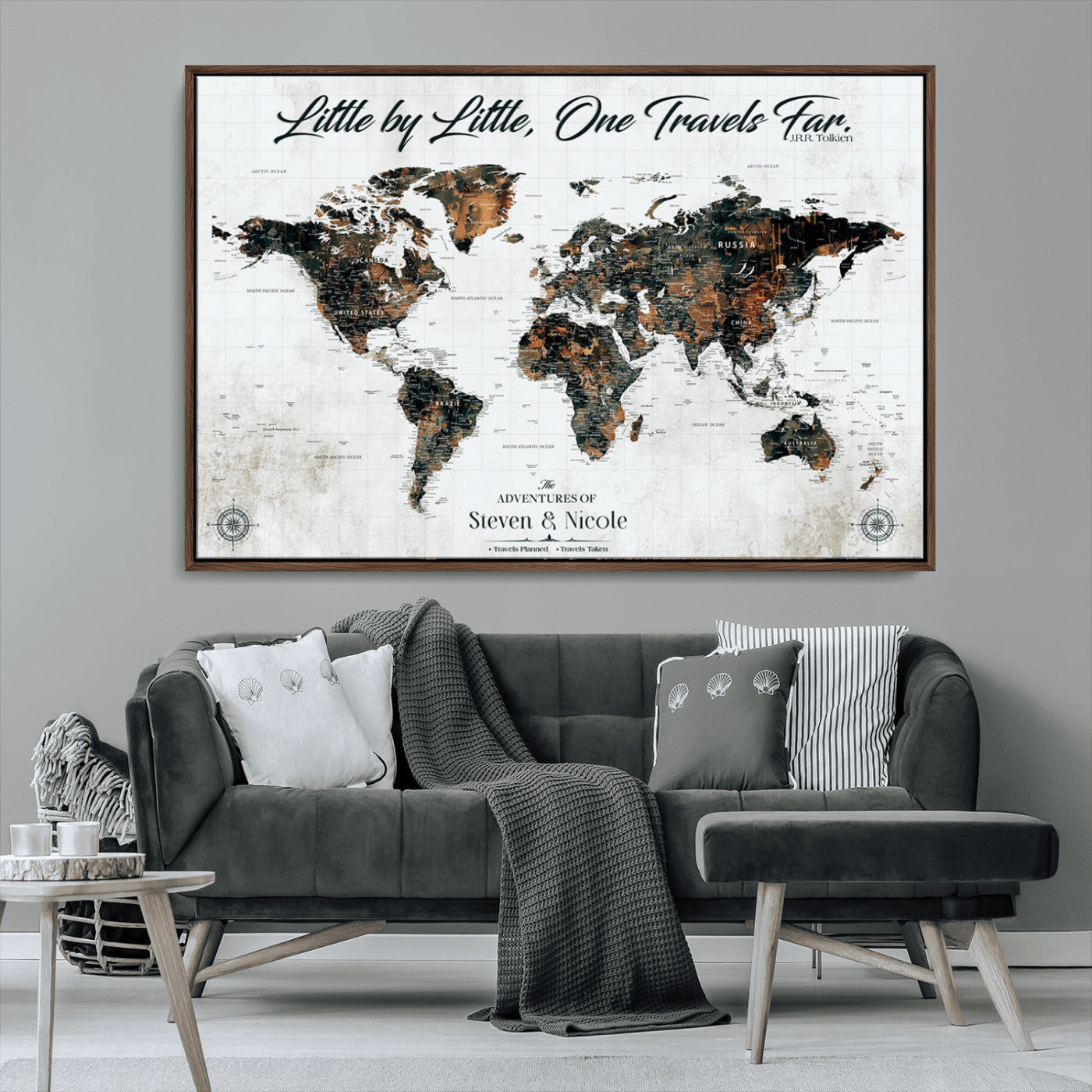 88337180-MGV-CV-36X24-Little by Little One Travels Far Tolkien Quote World Map Rustic Black Brown Adventure Wall Art Canvas Print for Home Office Living