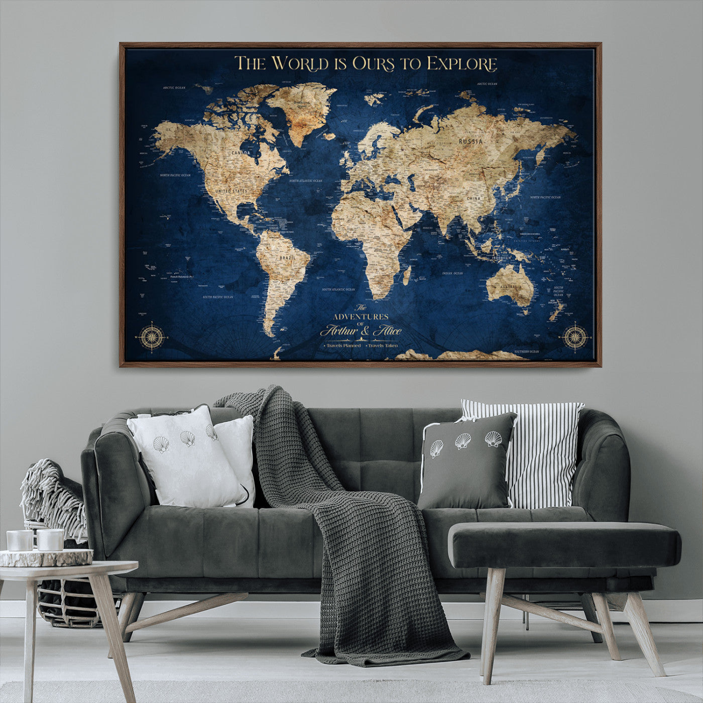 54782997-MGV-CV-36X24-The World is Ours to Explore Wall Art – Blue World Map Canvas Print, Adventure Travel Decor for Home, Office or Living Room,