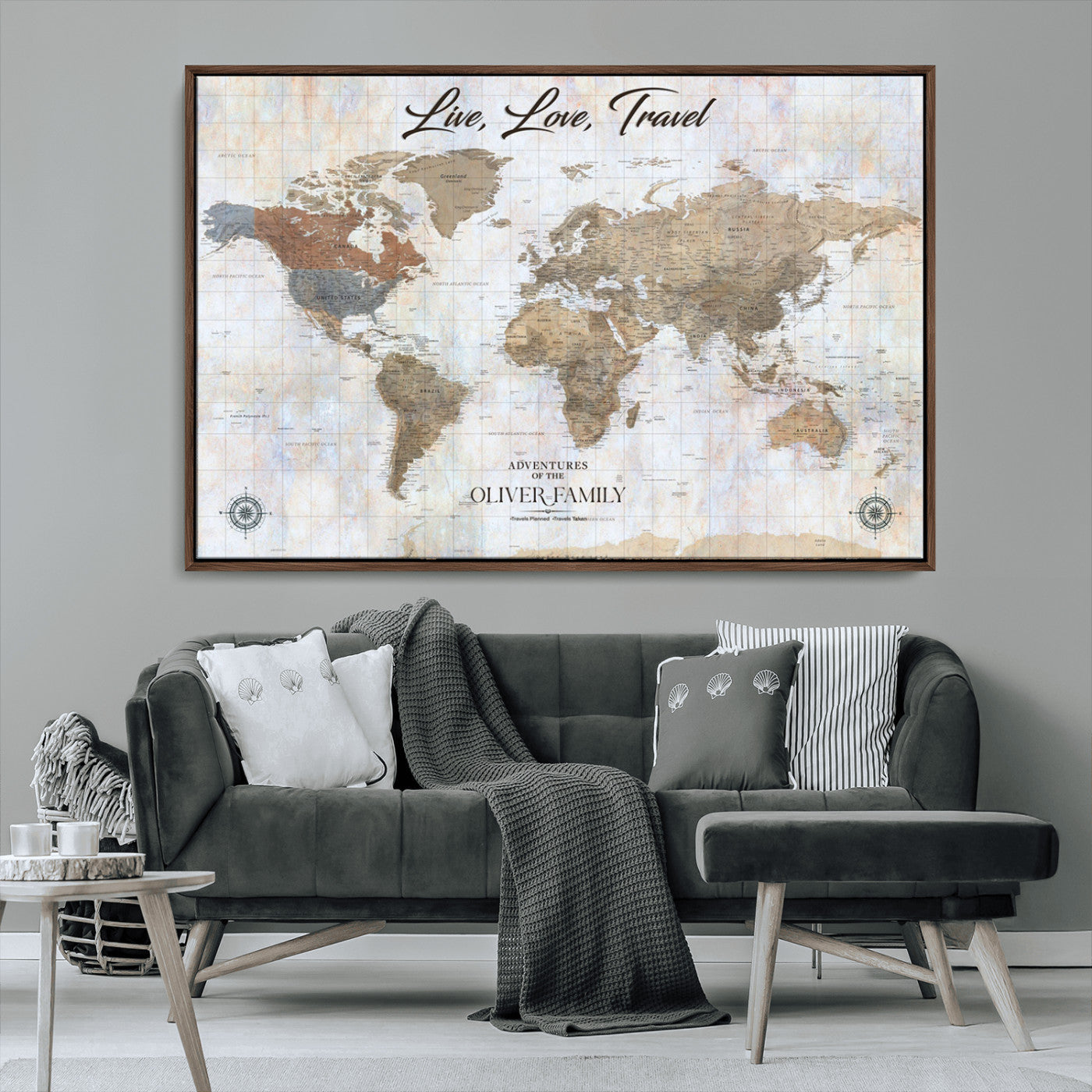 43924907-MGV-FC-36X24_Walnut-Live Love Travel Wall Art – Neutral World Map Canvas Print, Rustic Adventure Decor for Home, Office or Living Room, Unique Gift