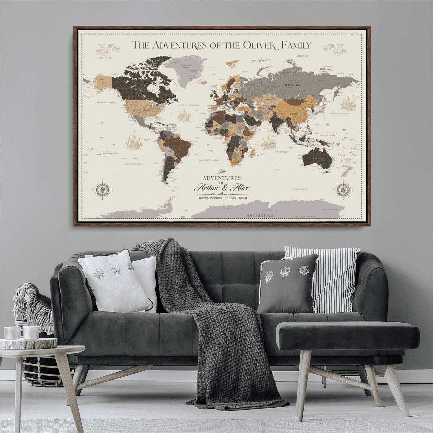 38723540-MGV-CV-36X24-Adventures of the Oliver Family Wall Art – Earth Tone World Map Canvas Print, Minimalist Travel Decor for Living Room, Bedroom or