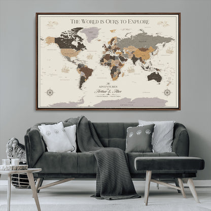 90024882-MGV-FC-36X24_Walnut-The World is Ours to Explore Wall Art – Earth Tone World Map Canvas Print, Adventure Travel Decor for Living Room, Office or