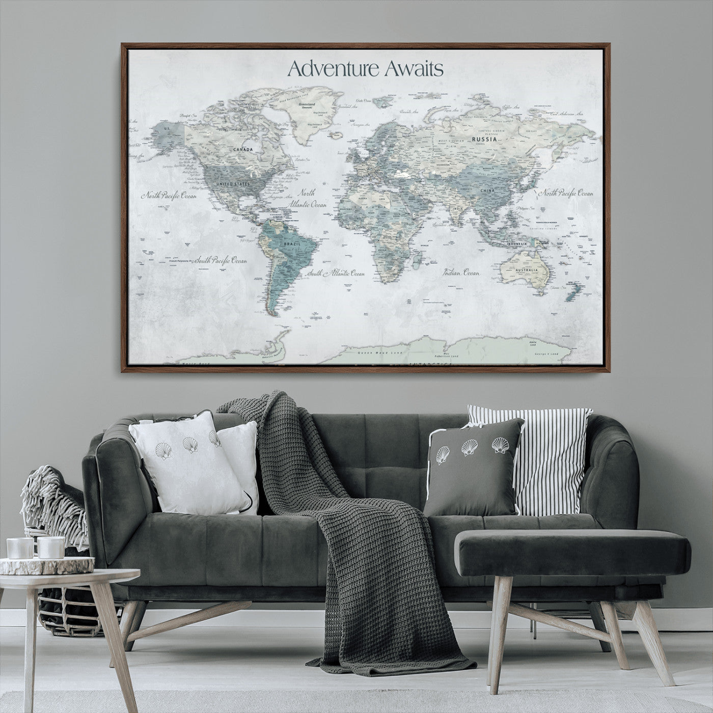 TEST111-MGV-FC-36X24_Walnut-Personalized Adventure Awaits Push Pin World Map – Custom Framed Travel Tracker Canvas Wall Art for Home, Office