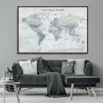 TEST111-MGV-FC-36X24_Walnut-Personalized Adventure Awaits Push Pin World Map – Custom Framed Travel Tracker Canvas Wall Art for Home, Office