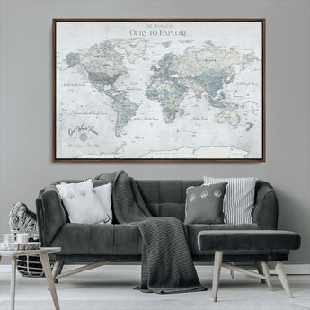 94249974-MGV-FC-36X24_Walnut-Ours Explore World Map Wall Art – Modern Travel Canvas Print, Neutral Adventure Decor for Living Room, Office, Study, Bedroom,