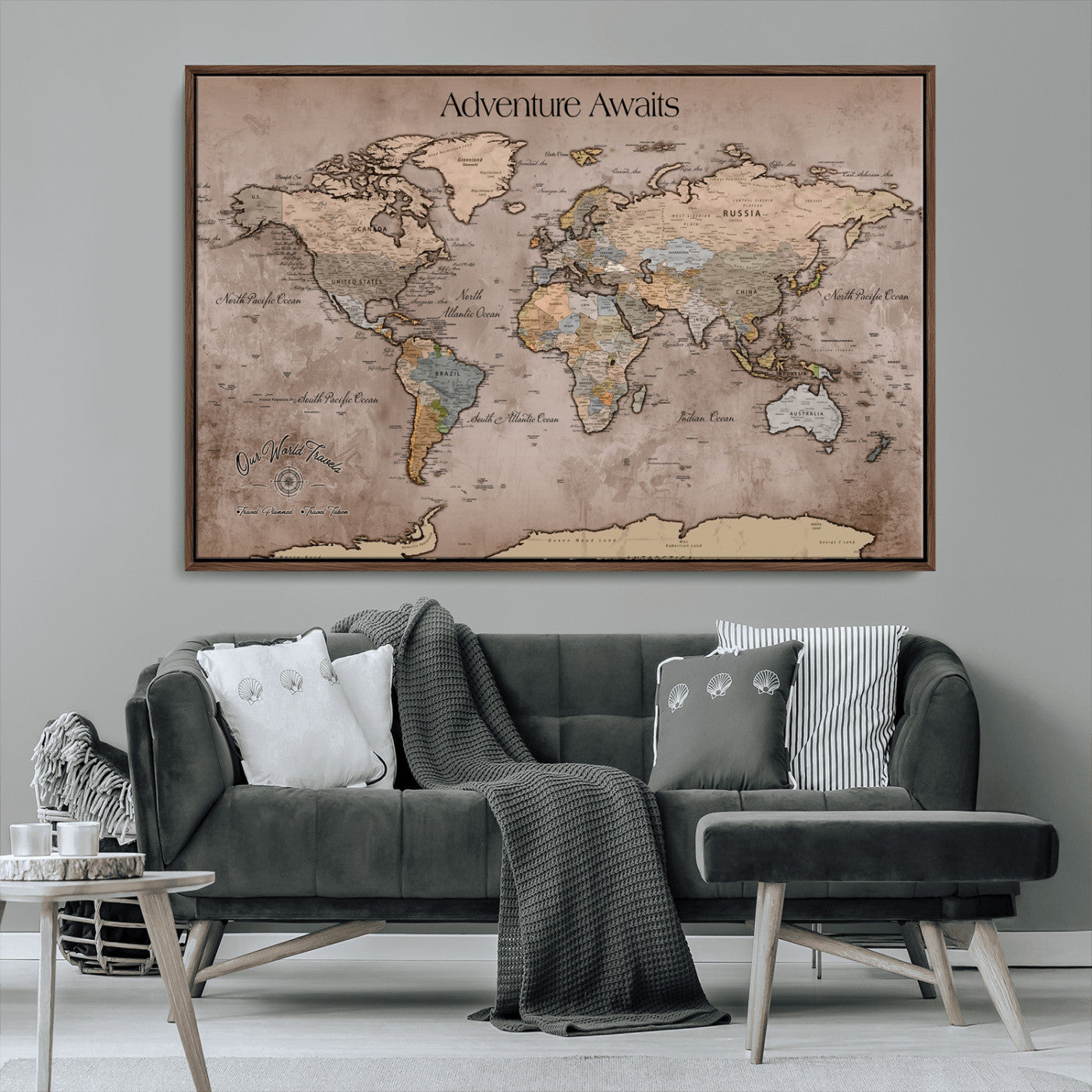 30557812-MGV-FC-36X24_Walnut-Personalized Push Pin World Map Canvas – Custom Framed Travel Tracker Wall Art for Home, Office