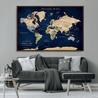 43160428-MGV-FC-36X24_Walnut-Adventure Awaits Navy Blue World Map – Vibrant Travel Canvas Wall Art, Antique Atlas Print, Wanderlust Decor for Home Office
