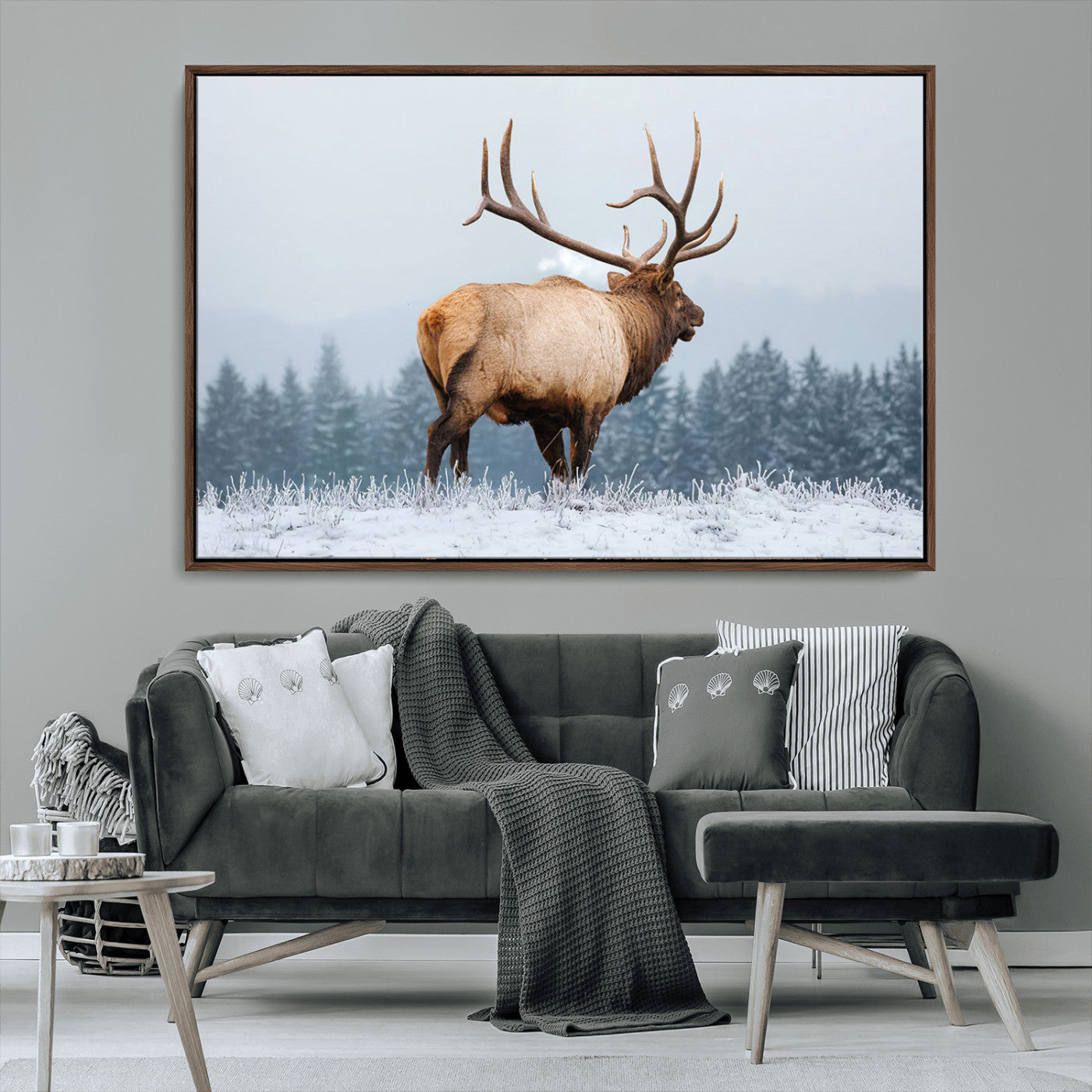 85177251-MGV-FC-36X24_Walnut-Elk Wall Art – Majestic Wildlife Canvas Print of Bull Elk Snowy Forest, Rustic Nature Decor for Living Room, Cabin, or Office
