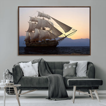 31270610-MGV-FC-36X24_Walnut-Sailing Ship Wall Art – Sunset Seascape Canvas Print with Tall Ship at Sea, Nautical Ocean Decor for Living Room, Office, or