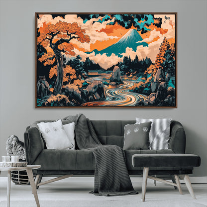 21638941-MGV-FC-36X24_Walnut-Japanese Landscape Wall Art – Mount Fuji and Flowing River Ukiyo-e Style Canvas Print, Traditional Japan Inspired Artwork for
