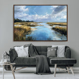 87082041-MGV-CV-36X24-Painted Marshland Canvas Wall Art – Serene Water Reflection, Blue Sky, Golden Grass Landscape, Calm Nature Decor for Home, Office,