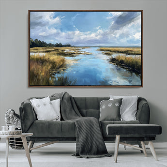 87082041-MGV-CV-36X24-Painted Marshland Canvas Wall Art – Serene Water Reflection, Blue Sky, Golden Grass Landscape, Calm Nature Decor for Home, Office,