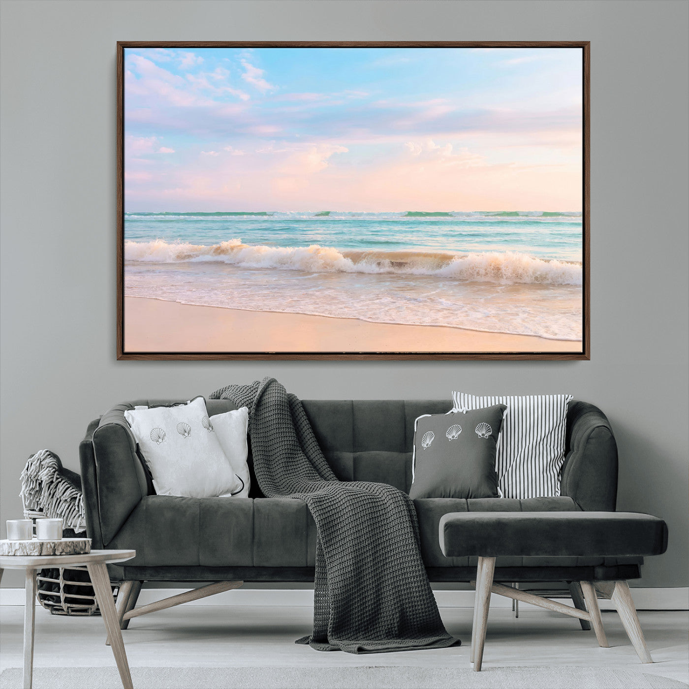 88024944-MGV-CV-36X24-Serene Ocean Waves Canvas Wall Art – Pastel Sky, Soft Sand Beach, Tranquil Seascape, Calm Water Coastal Nature, Relaxing Peaceful