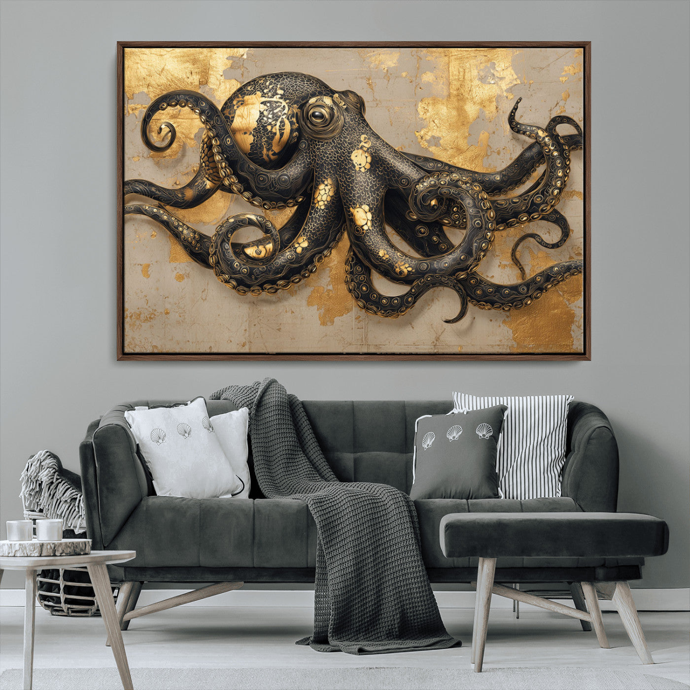 57944271-MGV-FC-36X24_Walnut-Octopus Wall Art – Black and Gold Nautical Canvas Print, Modern Ocean Inspired Artwork with Elegant Detailing, Coastal Marine