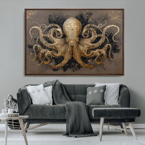 21717515-MGV-CV-36X24-Octopus Canvas Wall Art – Marine Illustration, Detailed Tentacles, Oceanic Creature, Nautical Decor, Vintage Style Sea Life for