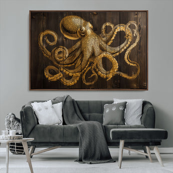 56769669-MGV-FC-36X24_Walnut-Octopus Wall Art – Gold Nautical Canvas Print with Rustic Wood Panel Design, Detailed Marine Artwork for Coastal Ocean Decoration