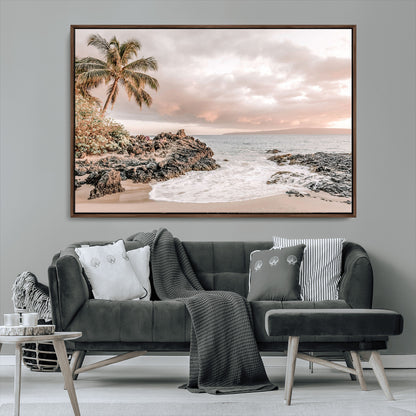 18005328-MGV-FC-36X24_Walnut-Tropical Beach Wall Art – Coastal Ocean Canvas Print with Palm Tree, Sunset Sky and Rocky Shore, Serene Seascape Photography for