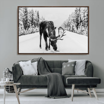 38956835-MGV-FC-36X24_Walnut-Moose Wall Art – Black and White Wildlife Canvas Print with Snowy Forest Road, Rustic Nature Photography for Cabin, Lodge, Living