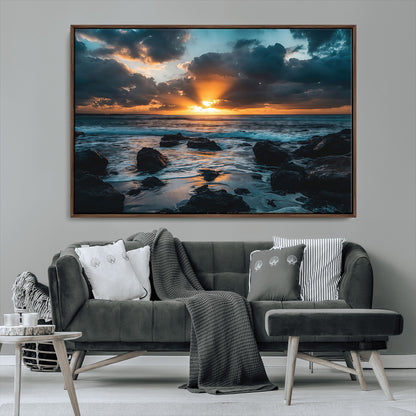 66040852-MGV-CV-36X24-Ocean Sunset Canvas Wall Art – Rocky Shore Waves, Dramatic Clouds, Golden Sun Rays, Coastal Nature, Serene Water Reflection for