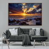 35900590-MGV-CV-36X24-Sunset Ocean Waves Canvas Wall Art – Rocky Shore, Dramatic Sky, Golden Sun Rays, Coastal Beauty, Serene Water Motion for Living