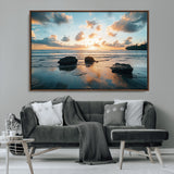 23879436-MGV-FC-36X24_Walnut-Ocean Sunset Wall Art – Serene Seascape Canvas Print with Golden Sky, Reflections on Sand and Calm Waves, Peaceful Coastal