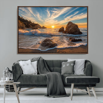 85659923-MGV-CV-36X24-Rocky Ocean Sunset Canvas Wall Art – Seaside Dramatic Seascape Print, Coastal Modern Decor, Ocean Sunset Art for Living Room or