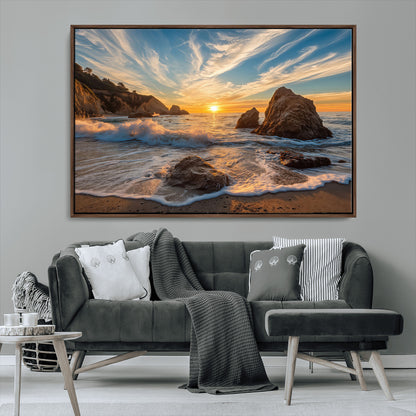 85659923-MGV-FC-36X24_Walnut-Ocean Sunset Wall Art – Dramatic Seascape Canvas Print with Cliffs, Crashing Waves and Golden Sky, Bold Coastal Photography for