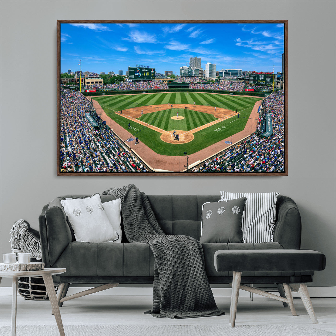56213978-MGV-FC-36X24_Walnut-Baseball Stadium Wall Art – Panoramic Ballpark Canvas Print with Fans, Green Field and City Skyline, Classic Sports Photography