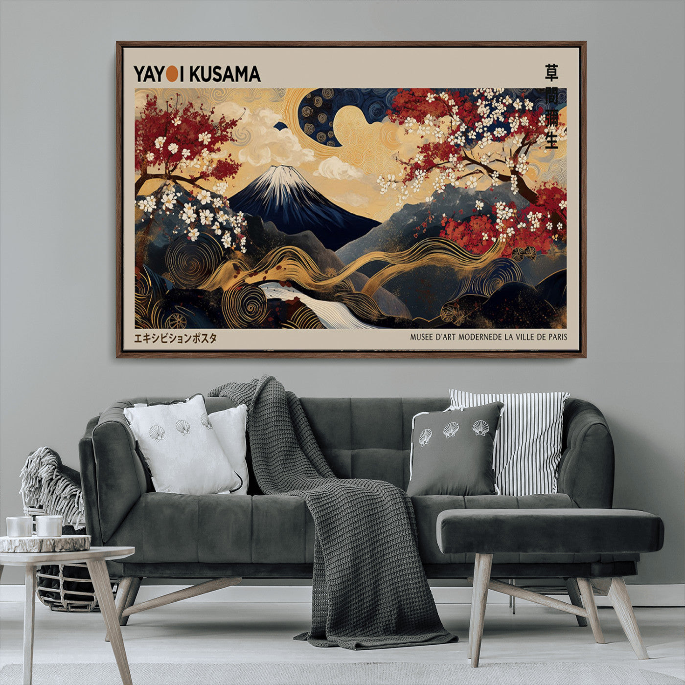 66892669-MGV-CV-36X24-Yayoi Kusama Japanese Inspired Canvas Print – Mt. Fuji & Floral Scene Wall Art, Framed Asian Style Canvas for Home, Office or