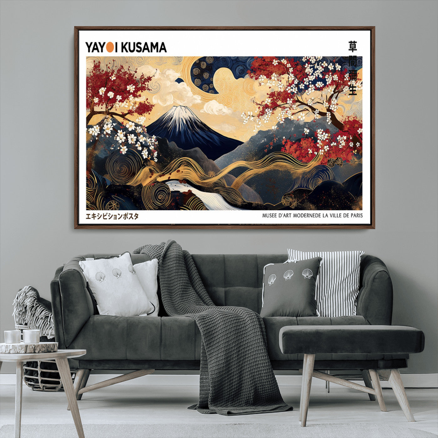 28945903-MGV-CV-36X24-Yayoi Kusama Inspired Japanese Art Canvas Print – Framed Floral & Mt. Fuji Wall Decor, Modern Asian Style Canvas for Home, Office,