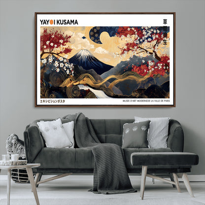 28945903-MGV-CV-36X24-Yayoi Kusama Inspired Japanese Art Canvas Print – Framed Floral & Mt. Fuji Wall Decor, Modern Asian Style Canvas for Home, Office,