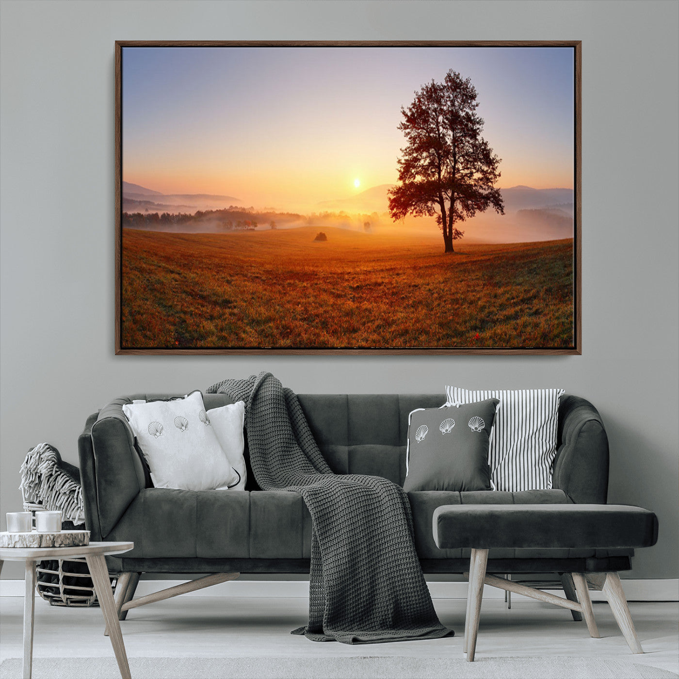 57919623-MGV-FC-36X24_Walnut-Sunrise Landscape Wall Art – Golden Morning Canvas Print with Tree, Misty Hills and Open Field, Peaceful Nature Photography for